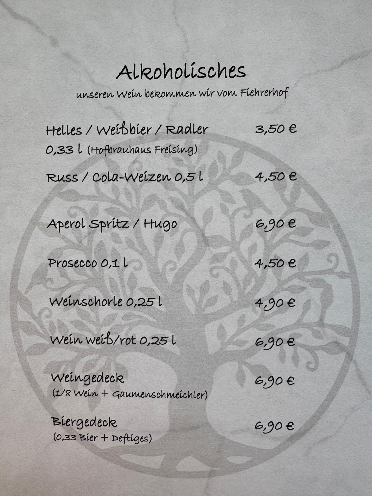 Alkoholische Getränkekarte im Cafe des Lebens Pertenstein mit Wein, Bier und Aperitifs