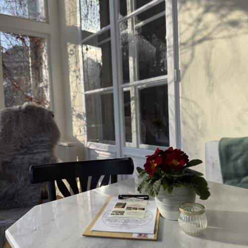 Fensterplatz im Café des Lebens mit kleinem Tisch und frischen Blumen