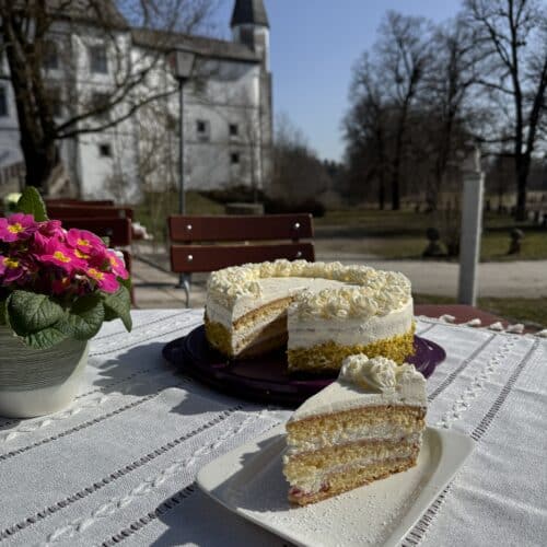 Hausgemachter Kuchen auf der Terrasse vor dem Schloss Pertenstein